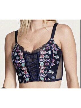 Victoria’s Secret Dream Angels Corset Bra Top Small Embroidered Floral Navy NWT